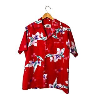 Vintage 70s Hilo Hattie Men's Hawaiian Shirt Red Floral Size Large Retro Resort